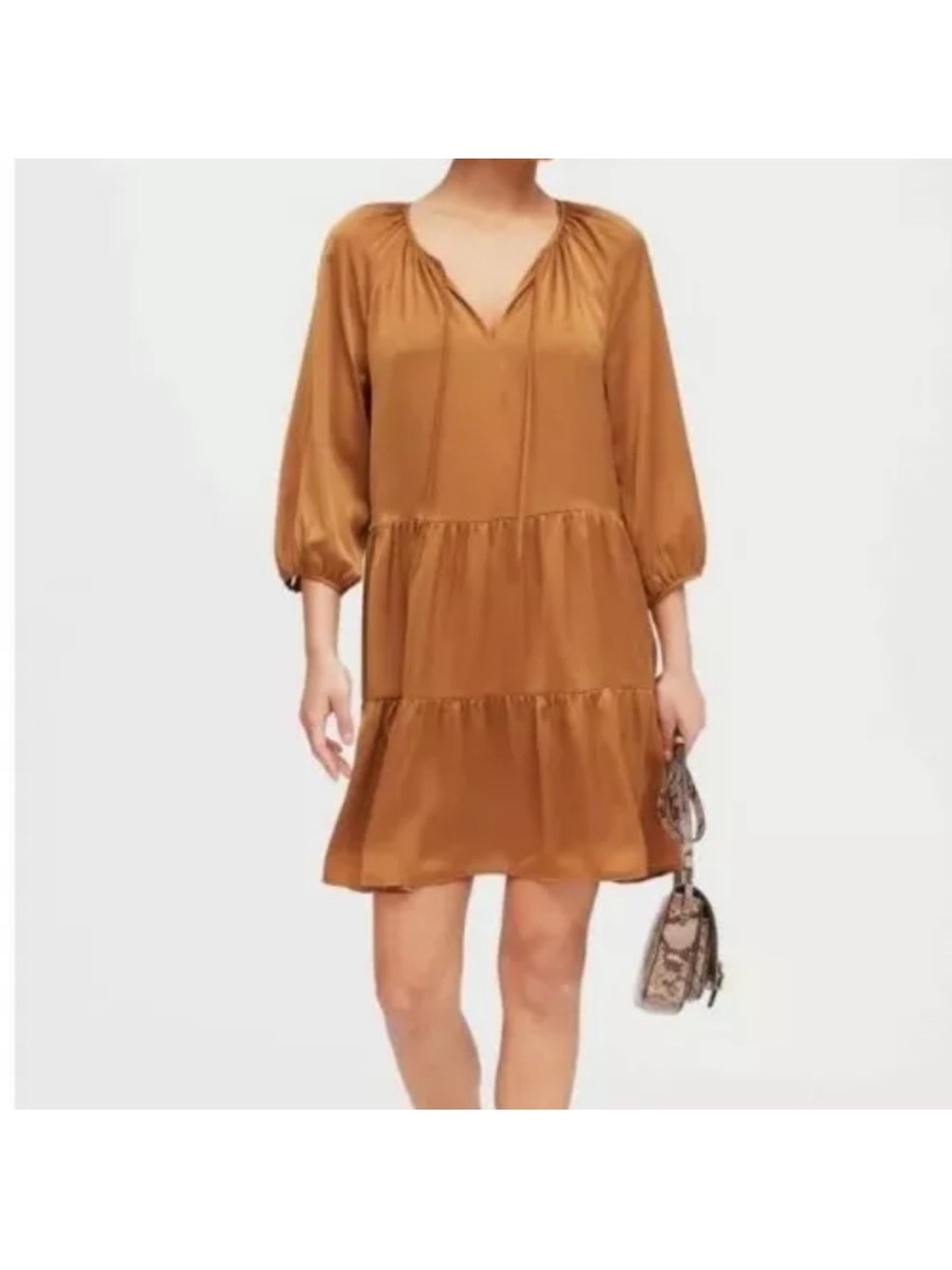 Banana Republic Tiered V-Neck Puff Sleeve Dress in Caramel